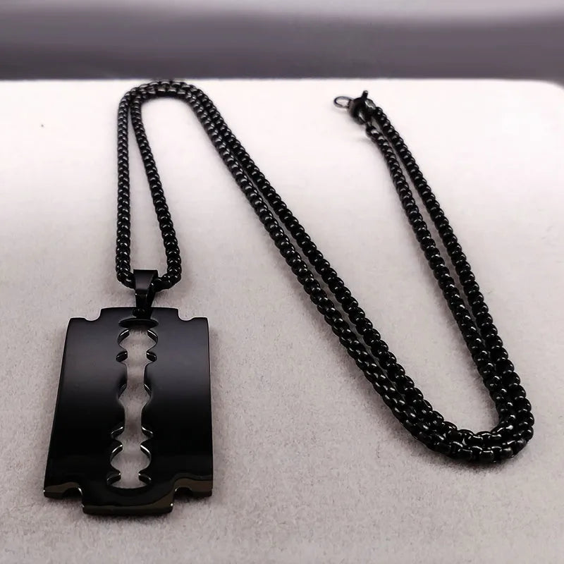 Men's Gothic Razor Pendant Necklace - Stainless Steel Chain Jewelry