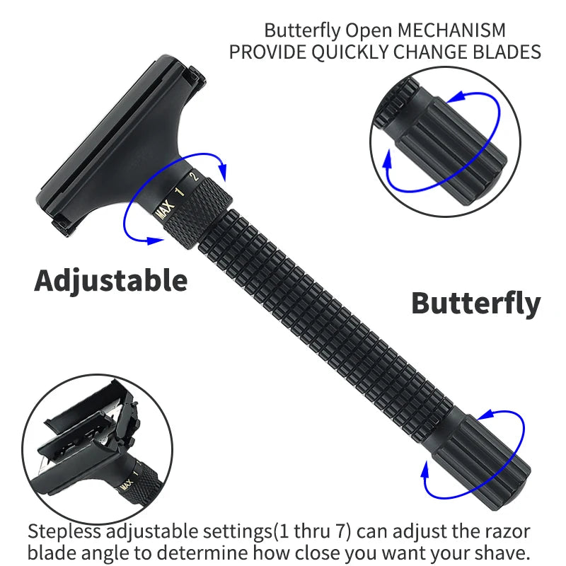 Adjustable Butterfly Open Safety Razor - Double Edge Classic Men Shaver