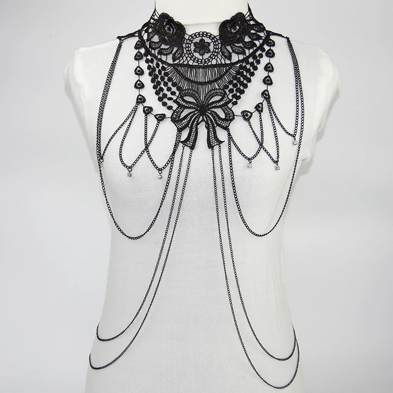 Black Lace Body Chain Jewelry for Women Gothic Costume Accessories Halloween