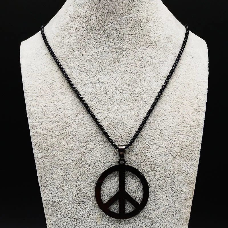Goth Punk Peace Sign Pendant Necklace Men Women Stainless Steel Chain Jewelry