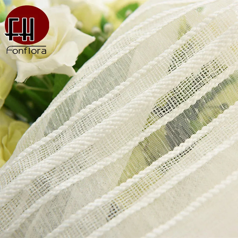 Sheer Tulle Window Curtains for Living Room and Bedroom - White Striped Drapes