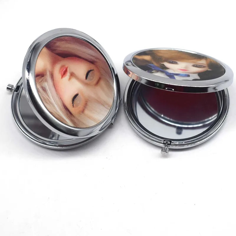 Mini Double-Sided Pocket Makeup Mirror - Cute Doll Design, Stainless Steel, Portable