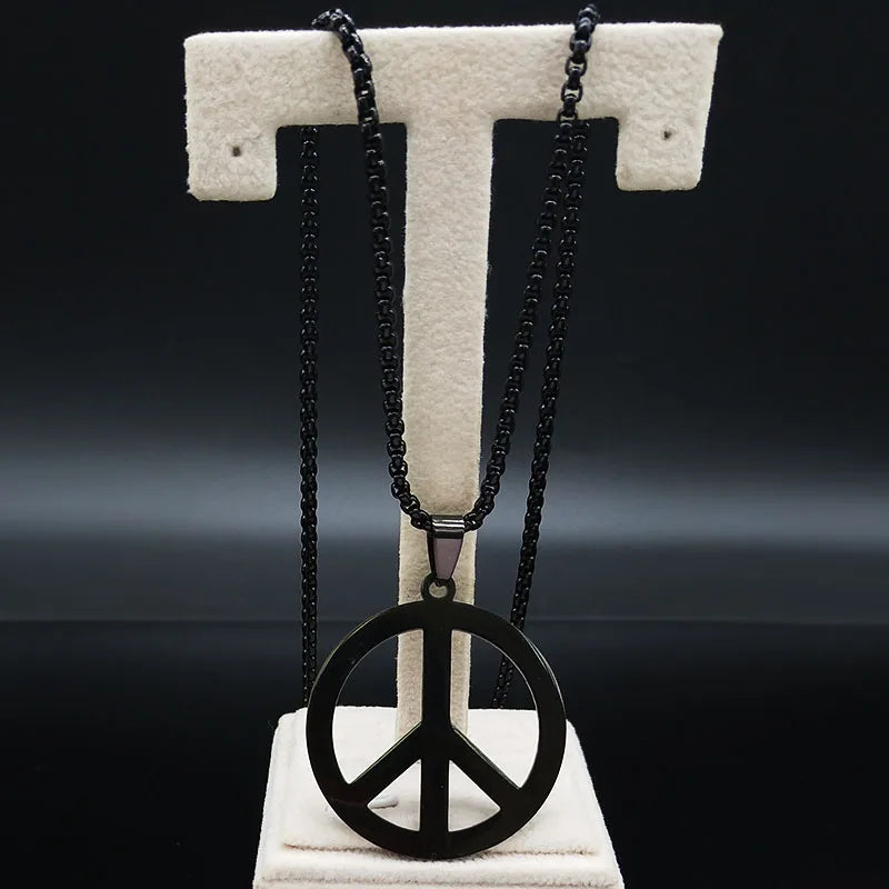 Goth Punk Peace Sign Pendant Necklace Men Women Stainless Steel Chain Jewelry