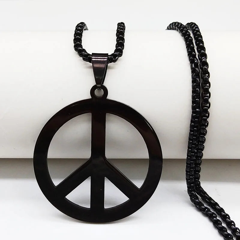 Goth Punk Peace Sign Pendant Necklace Men Women Stainless Steel Chain Jewelry