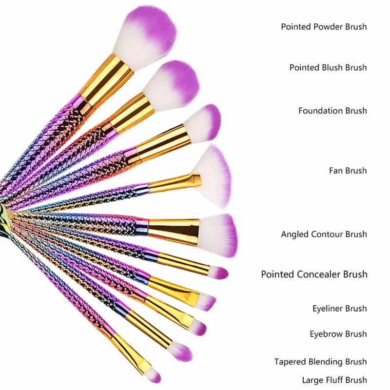 10 Pcs Makeup Brush Set with Cosmetic Tools for Face & Eyes - Black, Green, Red, Gray Handles