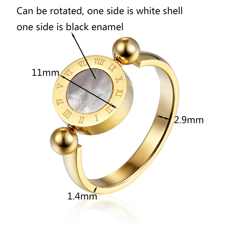 Elegant Rotatable Enamel and Shell Roman Numeral Woman Ring - Stainless Steel Jewelry