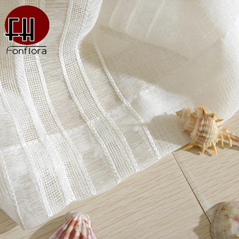 Sheer Tulle Window Curtains for Living Room and Bedroom - White Striped Drapes