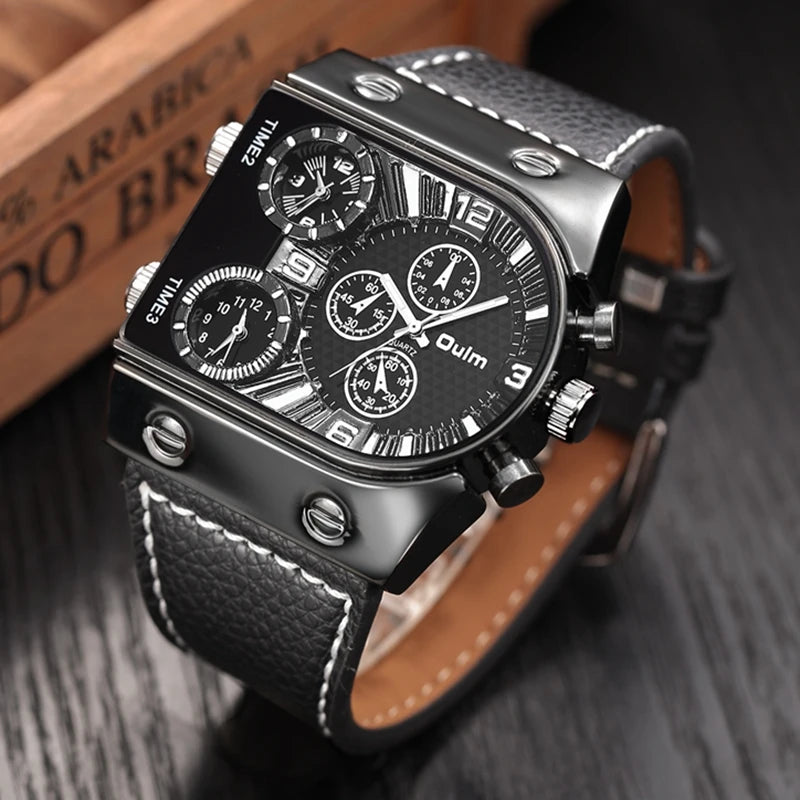 Men's Quartz Sports Watch with Leather Strap Multi-Time Zone Military Style