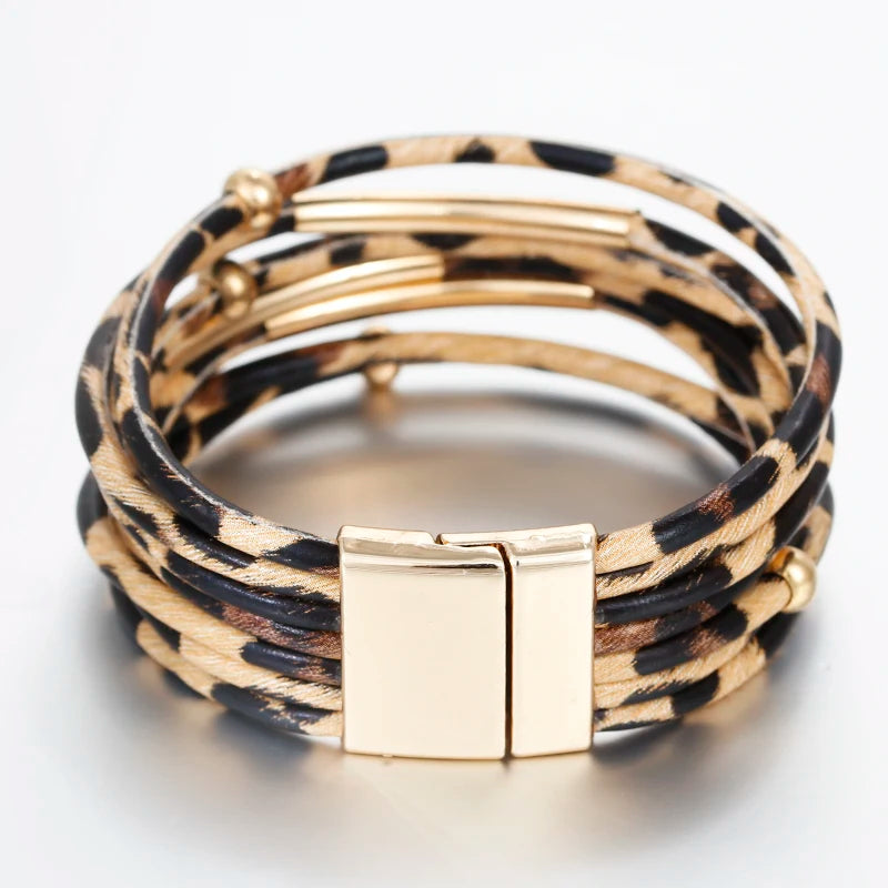Leopard Leather Wrap Bracelet for Women Wide Boho Multi-Layer Jewelry