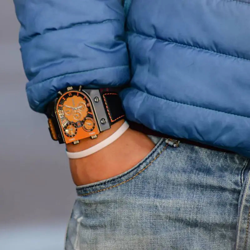 Men's Quartz Sports Watch with Leather Strap Multi-Time Zone Military Style