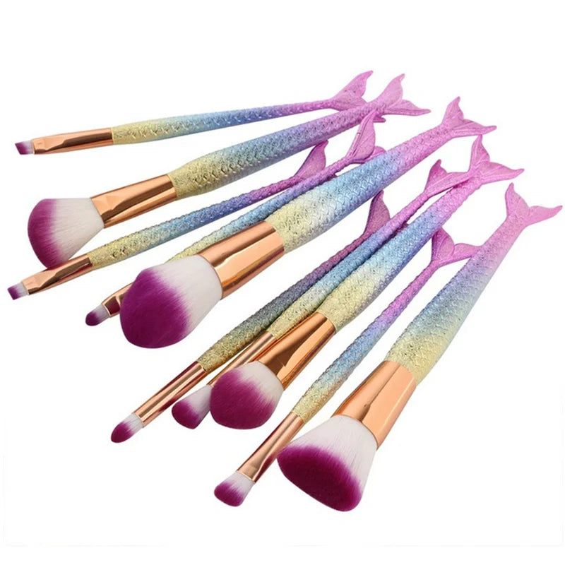 10 Pcs Makeup Brush Set with Cosmetic Tools for Face & Eyes - Black, Green, Red, Gray Handles