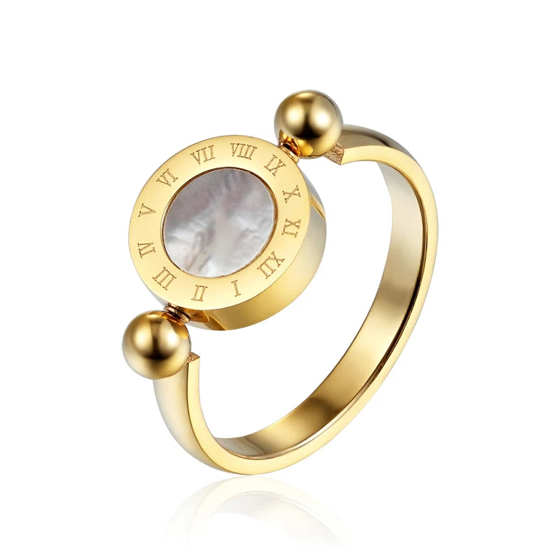 Elegant Rotatable Enamel and Shell Roman Numeral Woman Ring - Stainless Steel Jewelry
