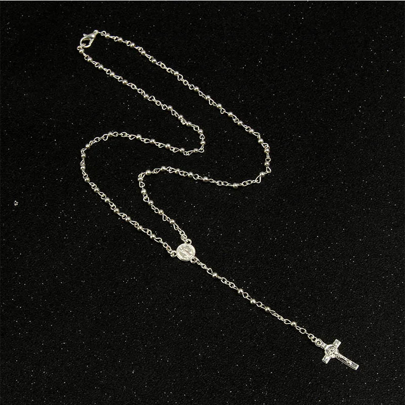 Religious Catholic Necklace with Cross Pendant Stainless Steel Beads Chain - Wholesale