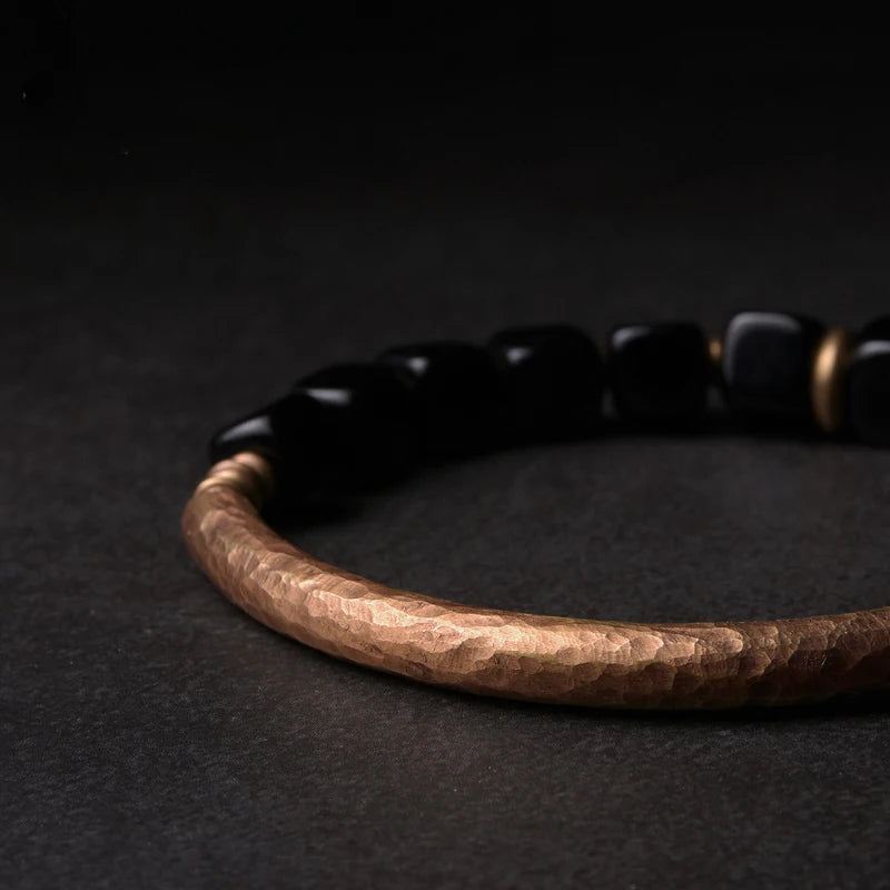 Unisex Obsidian and Copper Beaded Bracelet - Spiritual Protection Jewelry