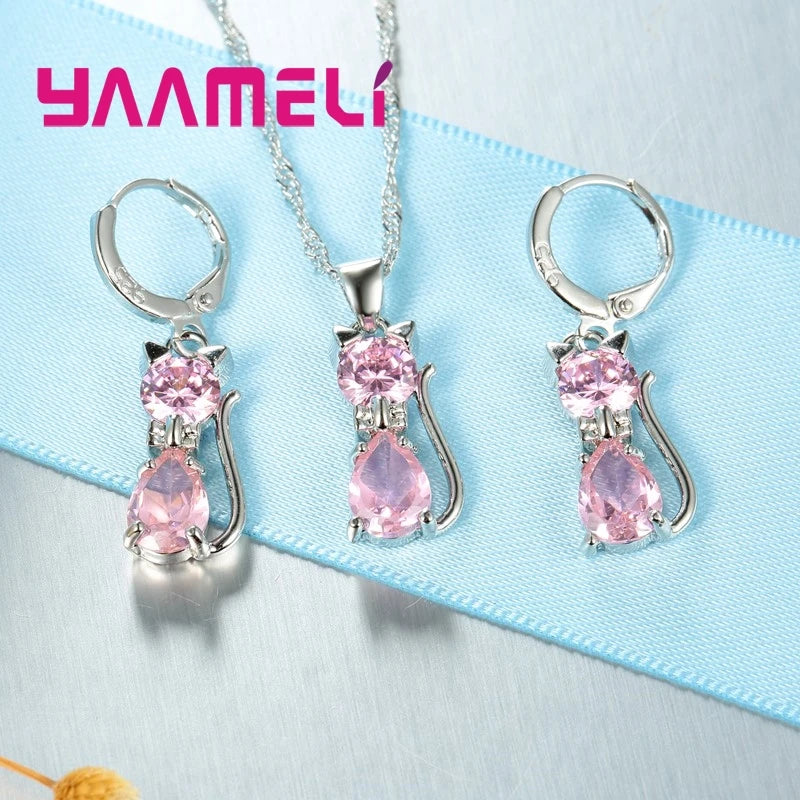 Sterling Silver Jewelry Set for Women and Girls with Cat Pendant and Earrings