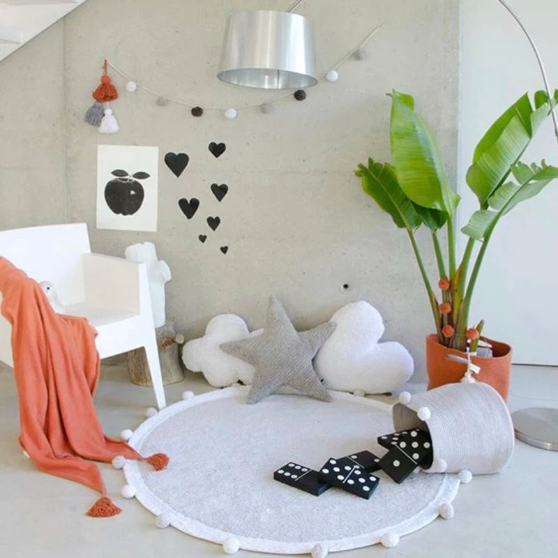 Nordic Cotton Round Rug Fluffy Floor Mat for Baby Kids Bedroom Living Room