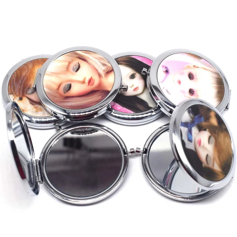 Mini Double-Sided Pocket Makeup Mirror - Cute Doll Design, Stainless Steel, Portable