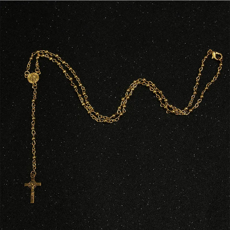 Religious Catholic Necklace with Cross Pendant Stainless Steel Beads Chain - Wholesale