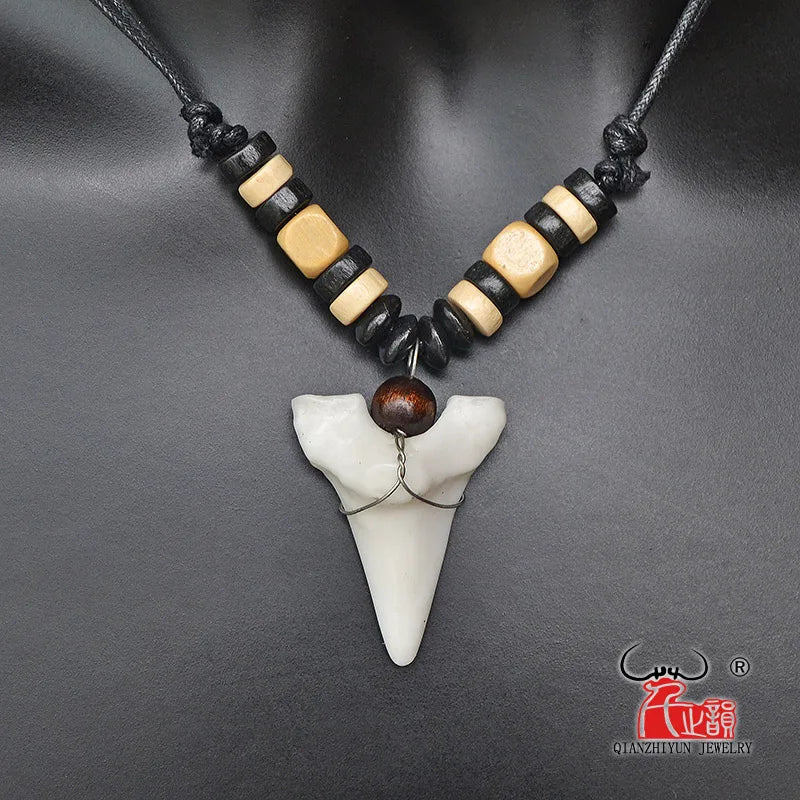 Hawaii Surfer Jewelry Pendant Necklace with Imitation Shark Teeth Tribal Bone Charm Adjustable Chain