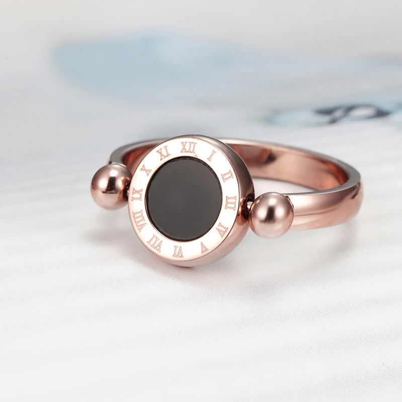 Elegant Rotatable Enamel and Shell Roman Numeral Woman Ring - Stainless Steel Jewelry