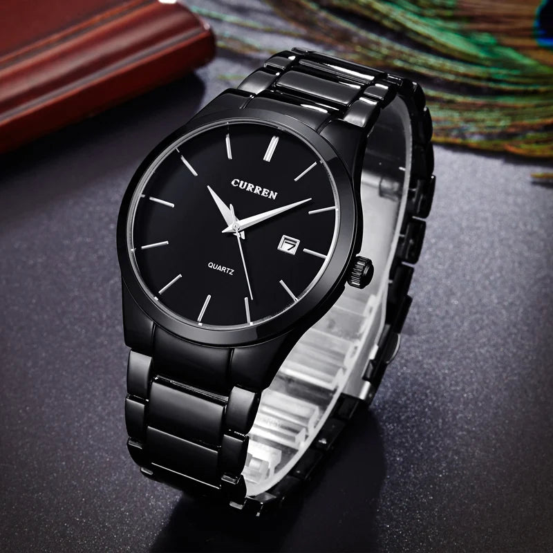 Luxury Men's Quartz Wristwatch with Steel Case and Calendar - Casual Business Watch