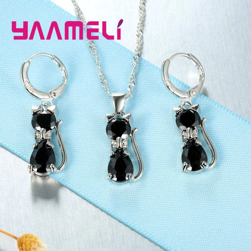 Sterling Silver Jewelry Set for Women and Girls with Cat Pendant and Earrings