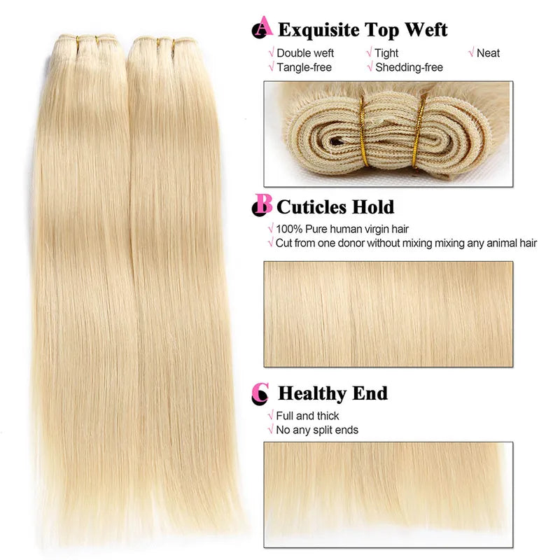 Straight Blonde Human Hair Extensions Weft - Brazilian Remy Hair, 18-28 Inches