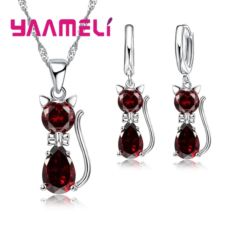 Sterling Silver Jewelry Set for Women and Girls with Cat Pendant and Earrings