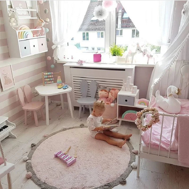 Nordic Cotton Round Rug Fluffy Floor Mat for Baby Kids Bedroom Living Room