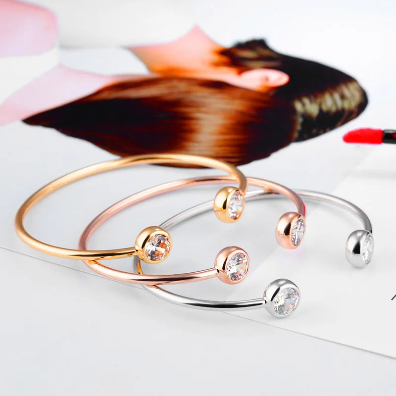 Trendy Titanium Stainless Steel Open Bangle Bracelets for Women Girls - Gold Plated Cubic Zirconia Cuff Jewelry
