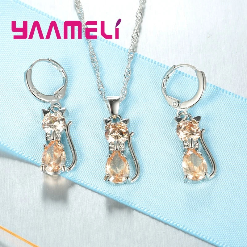 Sterling Silver Jewelry Set for Women and Girls with Cat Pendant and Earrings