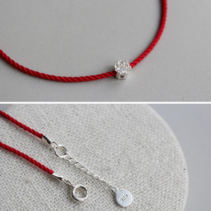 Sterling Silver Flower Couple Bracelet with Red Thread for Women Men