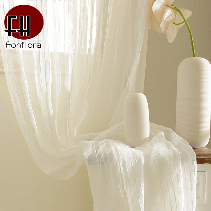 Sheer Tulle Window Curtains for Living Room and Bedroom - White Striped Drapes
