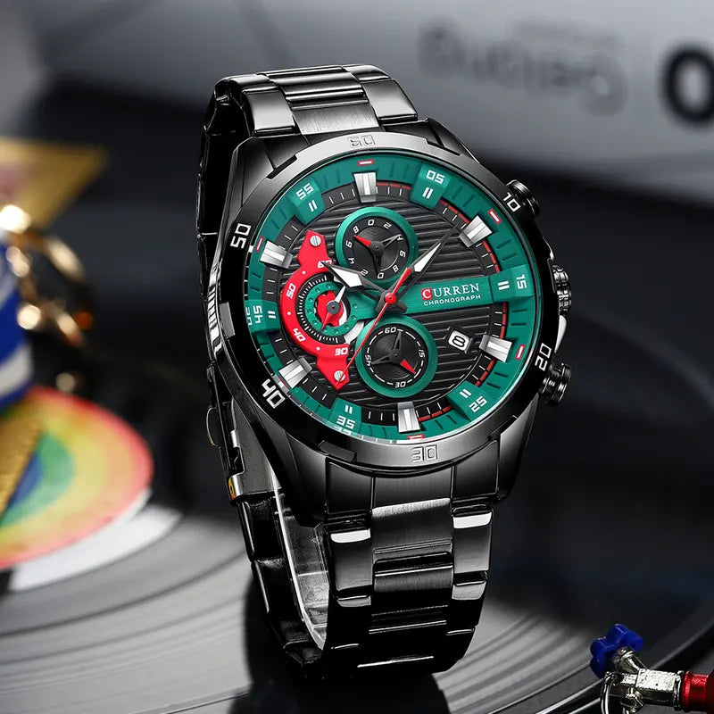 Men's Stainless Steel Chronograph Watch with Luminous Dial Casual Wristwatch