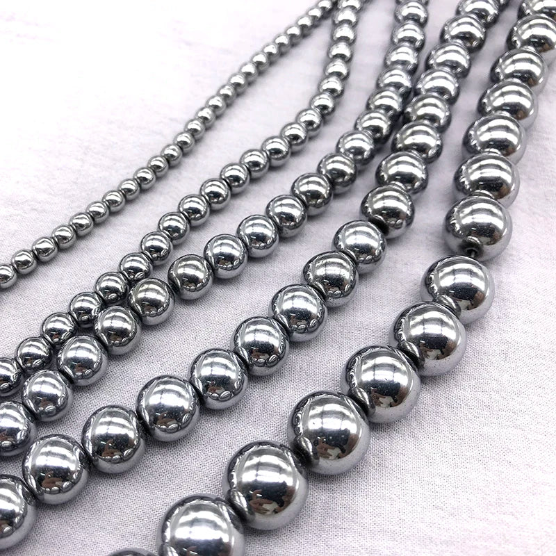 Natural Silver Plated Hematite Beads Round Loose Jewelry Making Stones 2-12mm