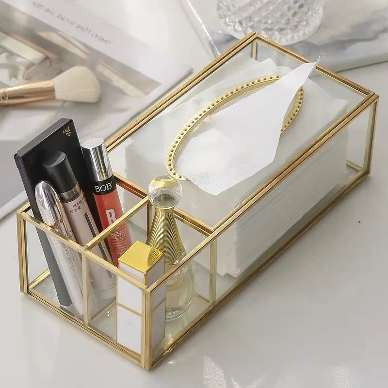Luxury Nordic Gold Glass Tissue Box Holder for Living Room & Desktop