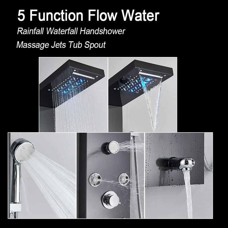 LED Shower Panel Waterfall Rain Digital Display Faucet Set SPA Massage Tower