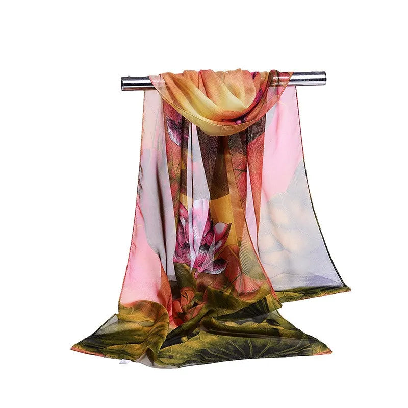 Fashion Print Silk Chiffon Scarf with Floral and Striped Designs - Multiple Colors