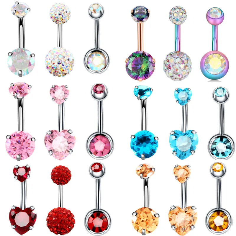 3PCS Surgical Steel Belly Button Piercing Set with Heart CZ Navel Rings - Multiple Colors