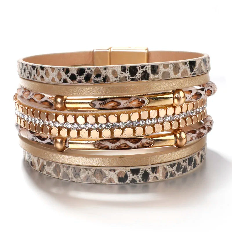 Multilayer Crystal Snake Skin Leather Bracelet for Women Bohemian Party Jewelry
