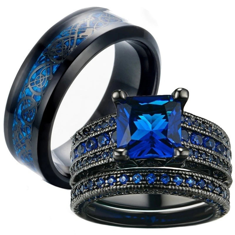Couple Rings Set Men Women Stainless Steel Wedding Band with Blue Zircon