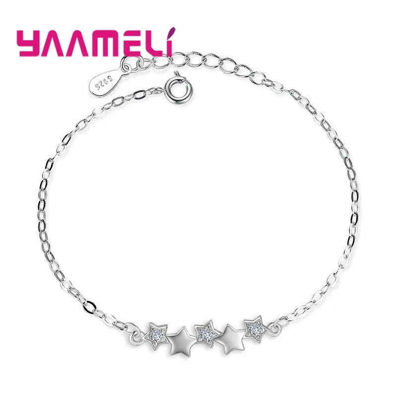 925 Sterling Silver Crystal Star Charm Bracelet Women Girls Jewelry Gift