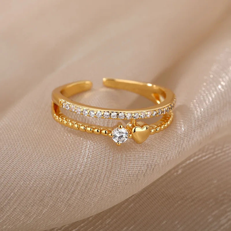 Double Layer Heart Zircon Rings for Women Stainless Steel Wedding Jewelry - Couple Gift