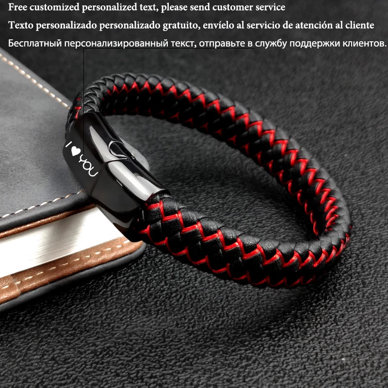 Men's Leather Braided Bracelet with Stainless Steel Charm and Lock