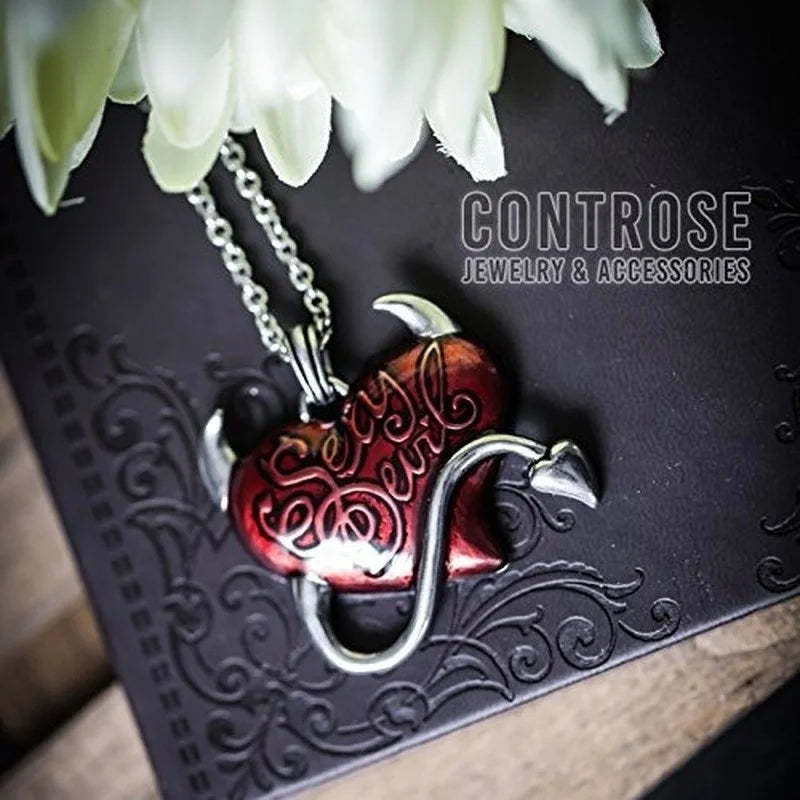 Retro Gothic Red Heart Demon Pendant Necklace for Men Women Biker Punk Jewelry Gift