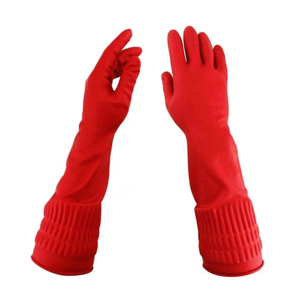 Waterproof Latex Kitchen Gloves for Dishwashing & Cleaning - Long Red Rubber Sleeves