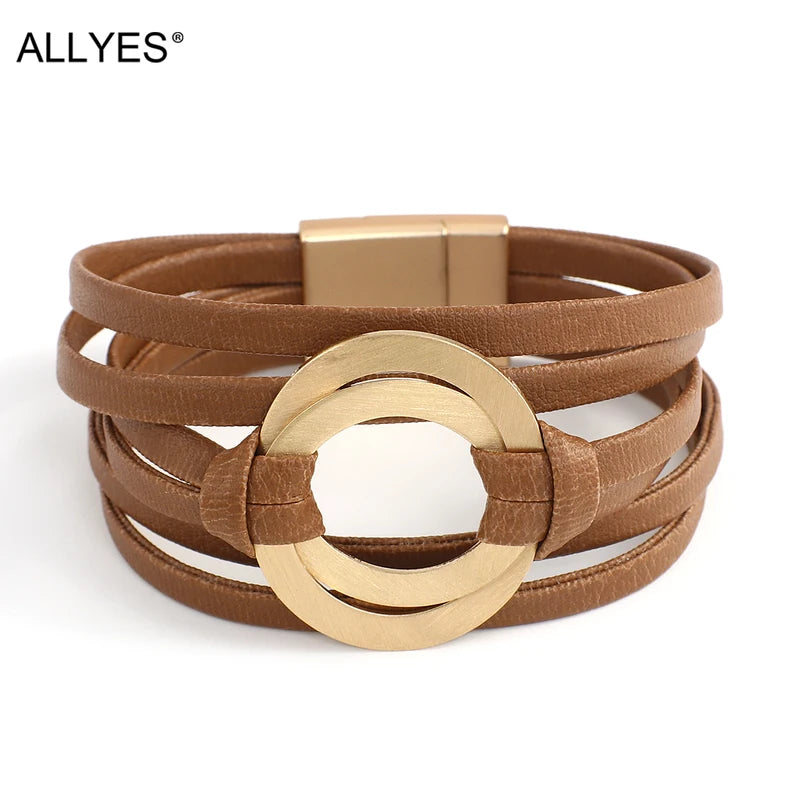 Boho Genuine Leather Wrap Bracelet for Women & Men with Hollow Circle Charm