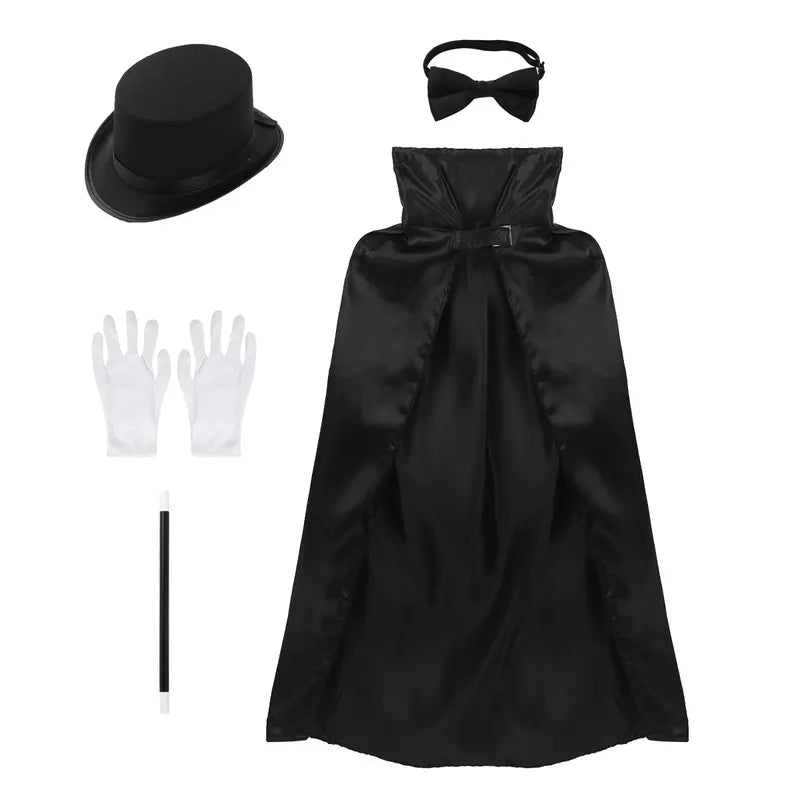 Kids Magician Costume Set with Cape Hat Wand Gloves Necktie Halloween Dress Up