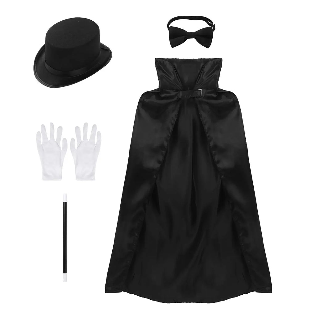 Kids Magician Costume Set with Cape Hat Wand Gloves Necktie Halloween Dress Up