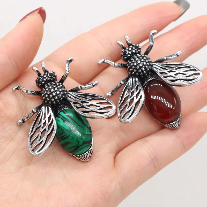 Women Bee-Shaped Brooch Pendant Natural Stone Jewelry Making Accessory